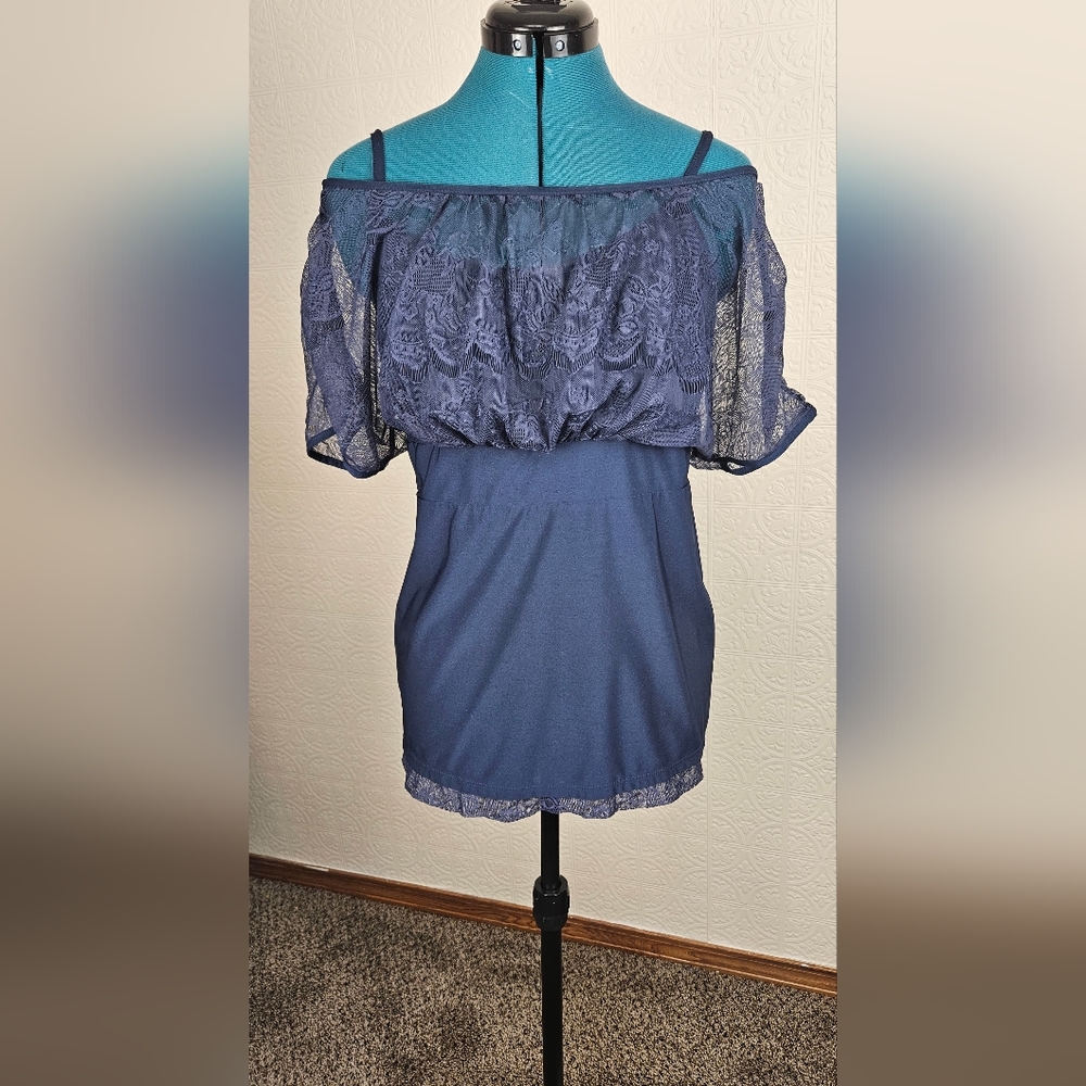 Hand crafted- Navy blue lace top, sz large